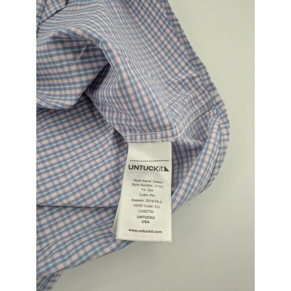 Untuckit Button Up Shirt Men's Size Medium Blue Pink Plaid Dalton Long Sleeve - Picture 9 of 10